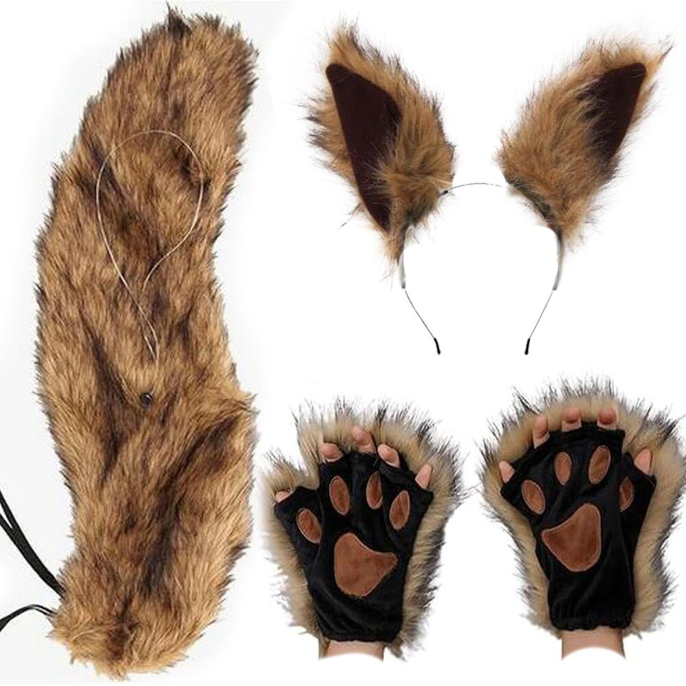 8447 Faux Fur Squirrel Costume Tail, Chipmunk Ears Brown Big